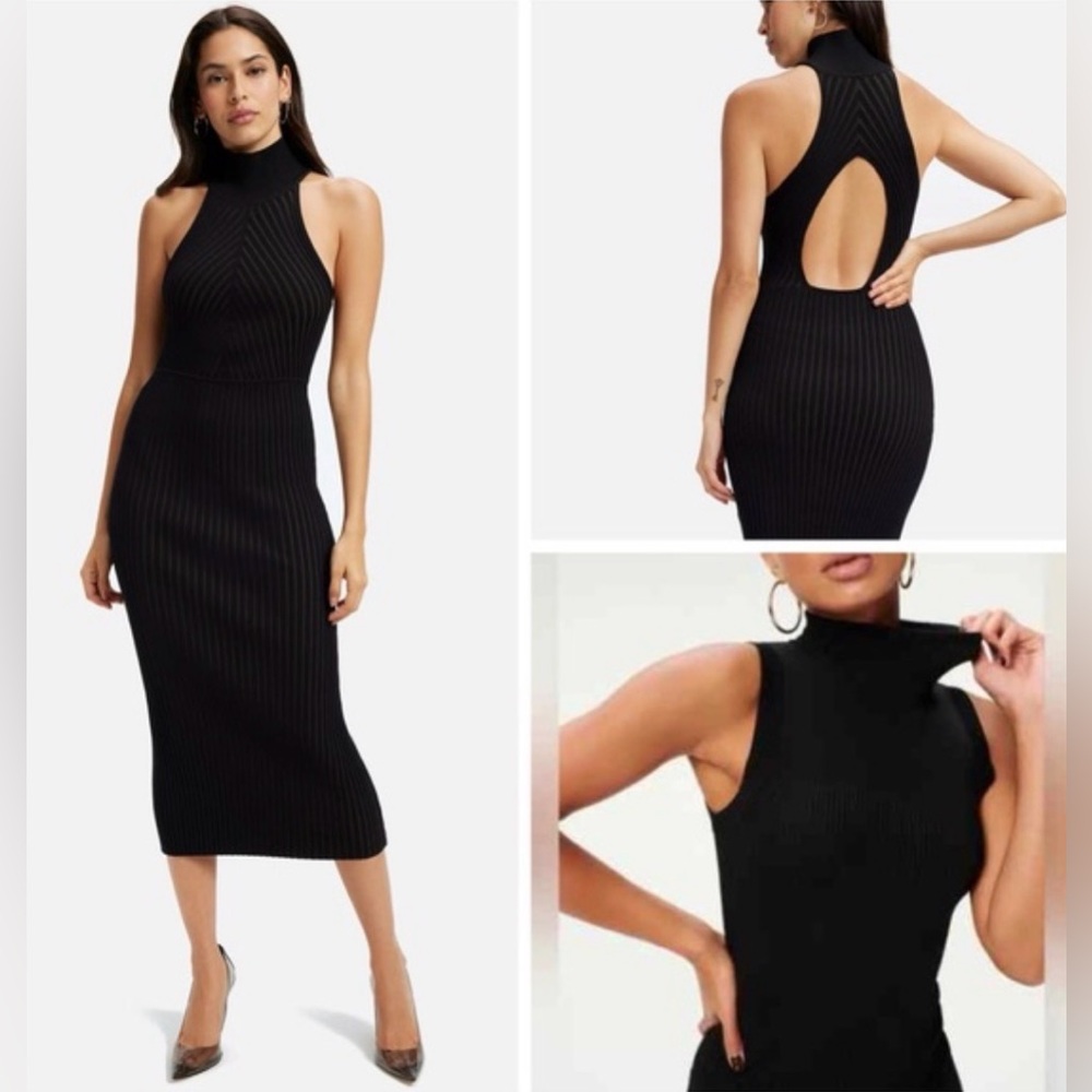 Good American Black Ribbed-Knit Halterneck Midi Dress, Size 5/6